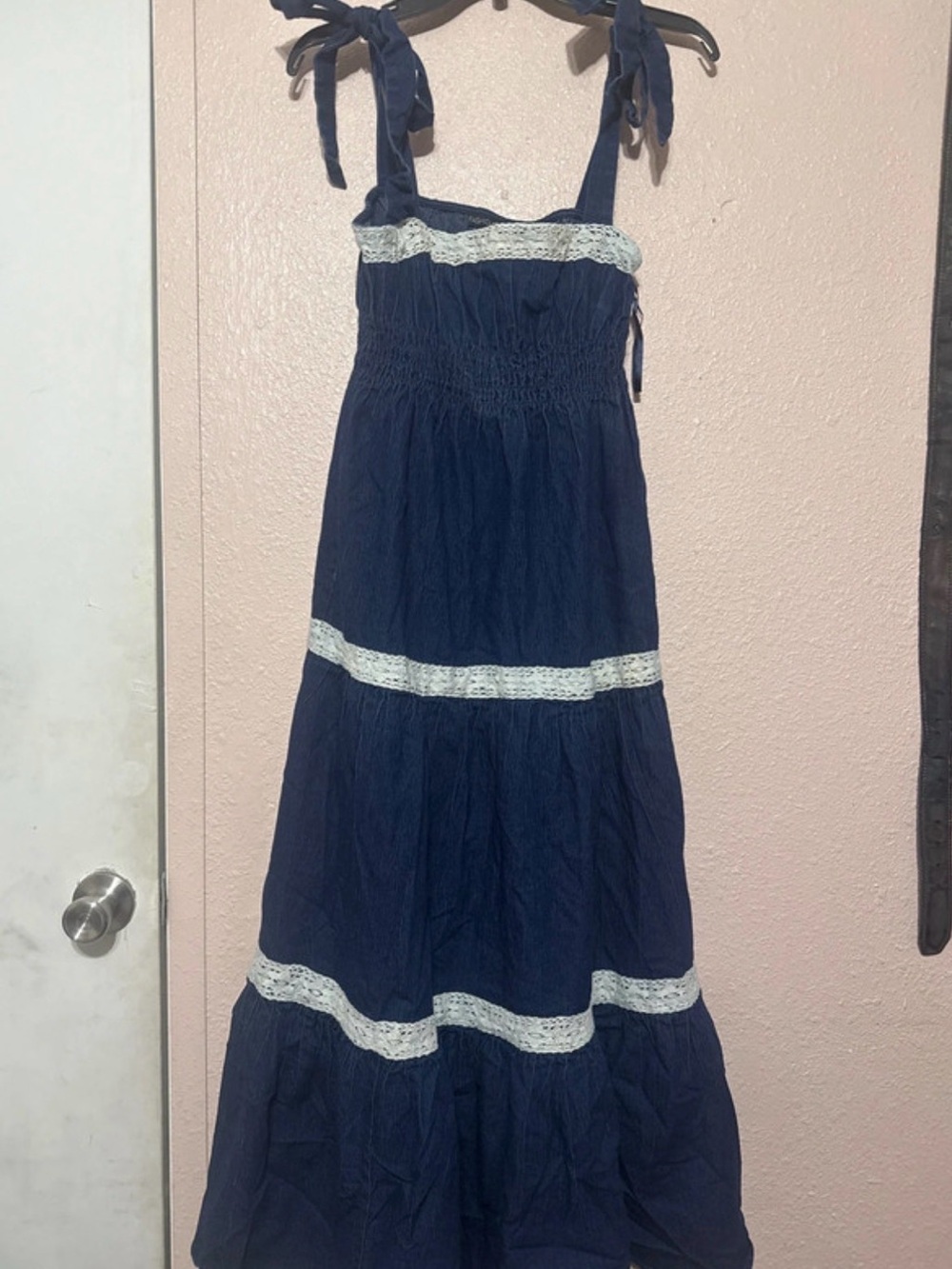 Fashion Nova Navy Blue Maxi Dress with White Lace